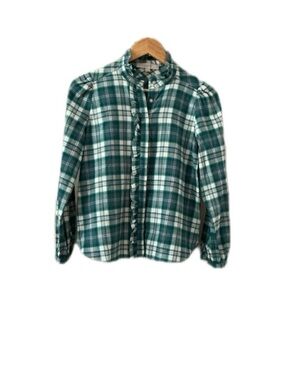 LOFT Teal and White Plaid Flannel Ruffle-Front Shirt XSP
